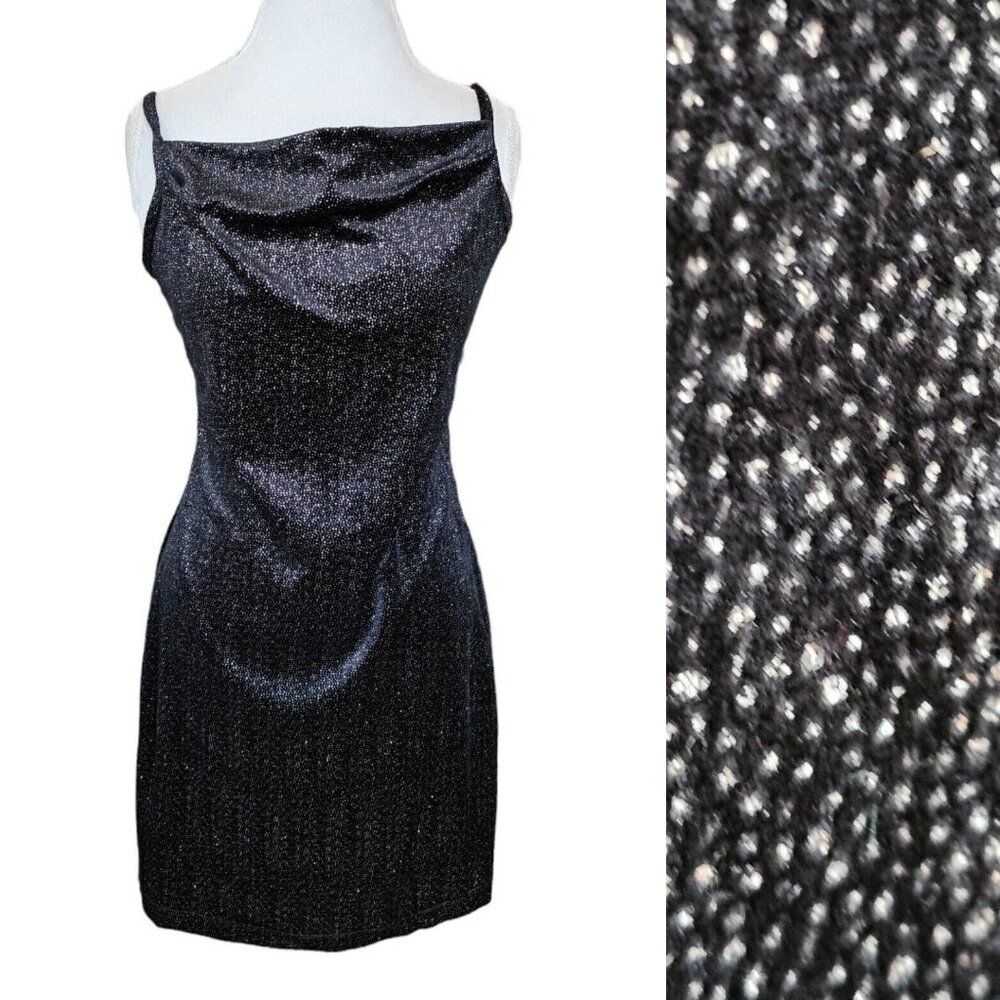 Vintage 90s Womens Large Black Velvet Dress Glitter Sparkle Formal Sleeveless